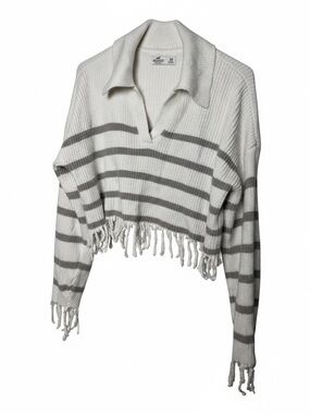 Hollister White & Gray Striped V‑Neck Fringe Sweater